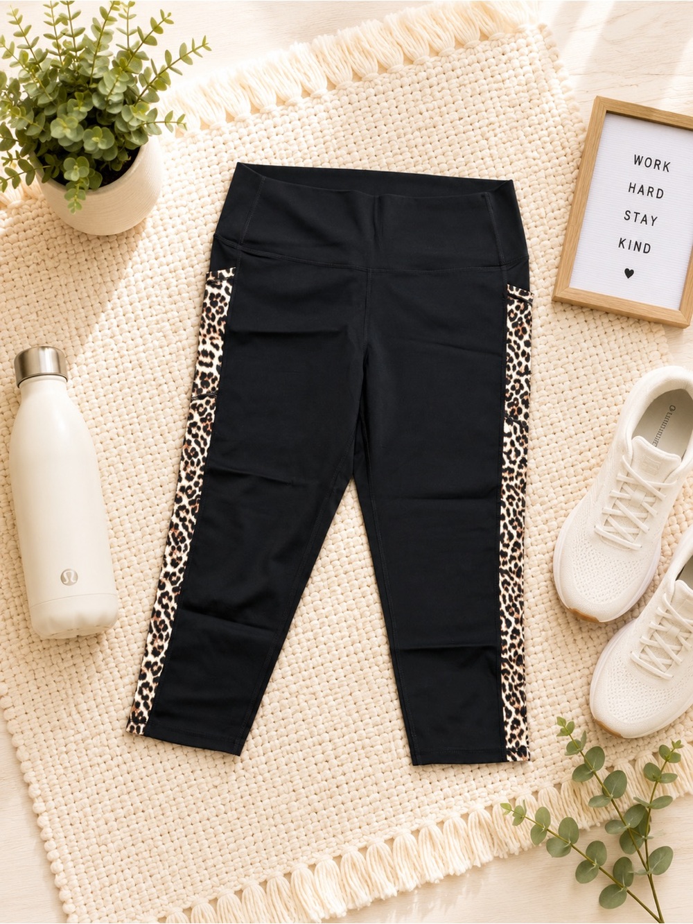 ZYIA Black Capri Leggings with Leopard Side Panels